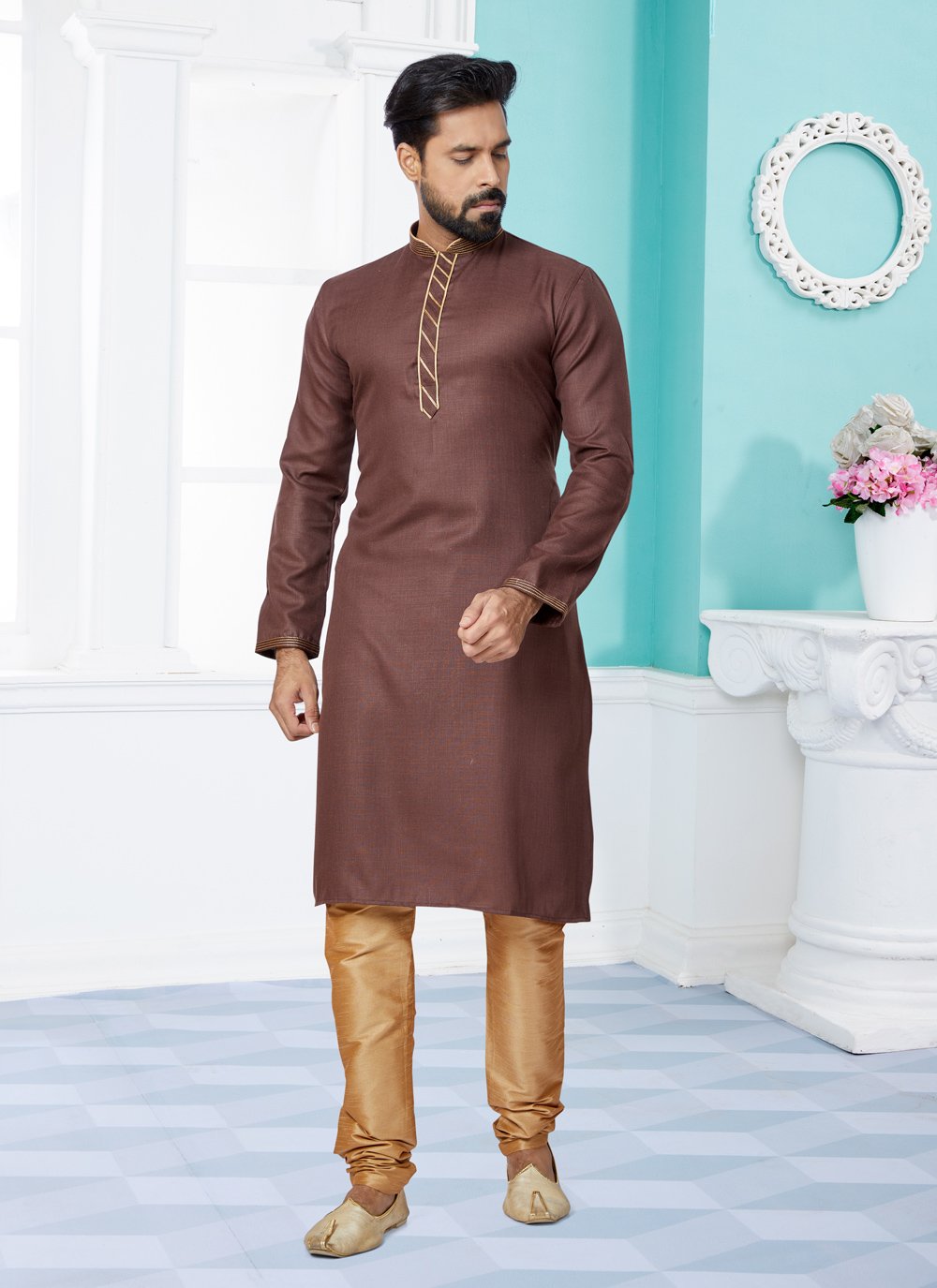 Kurta Pyjama Cotton Brown Plain Mens