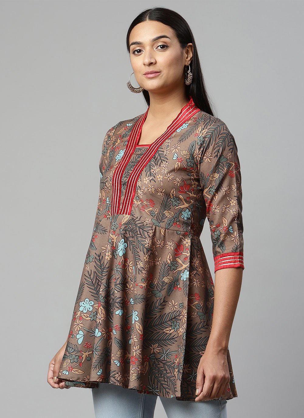 Party Wear Kurti Cotton Brown Digital Print Kurtis