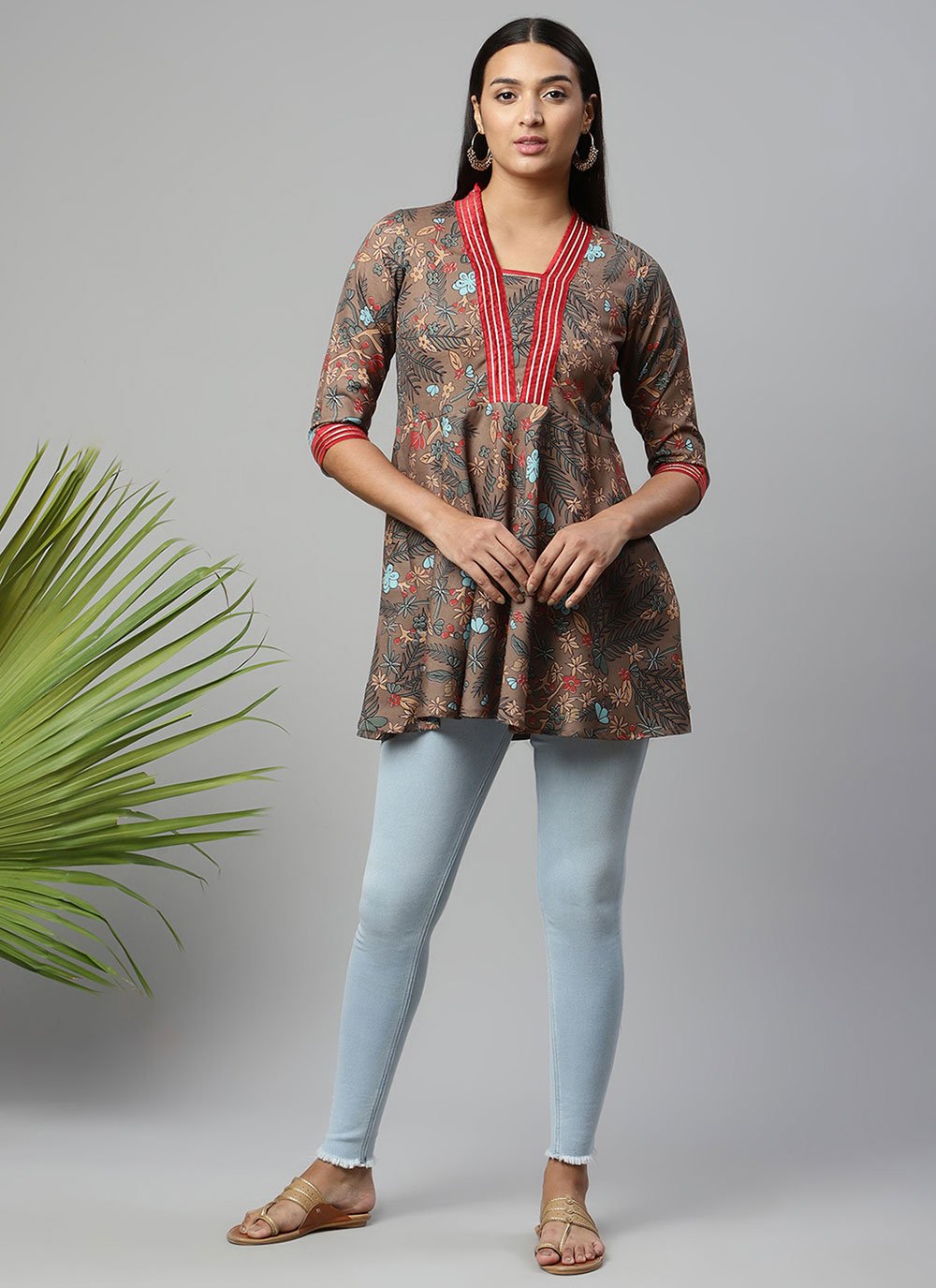 Party Wear Kurti Cotton Brown Digital Print Kurtis