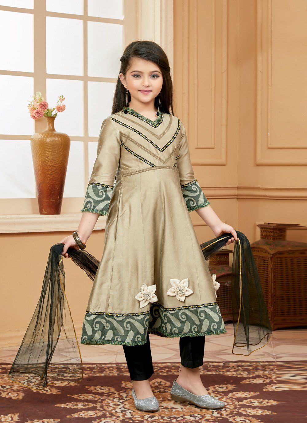 Anarkali Suit Cotton Silk Brown Embroidered Kids
