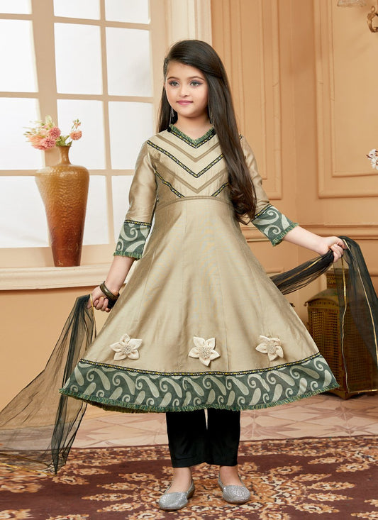 Anarkali Suit Cotton Silk Brown Embroidered Kids