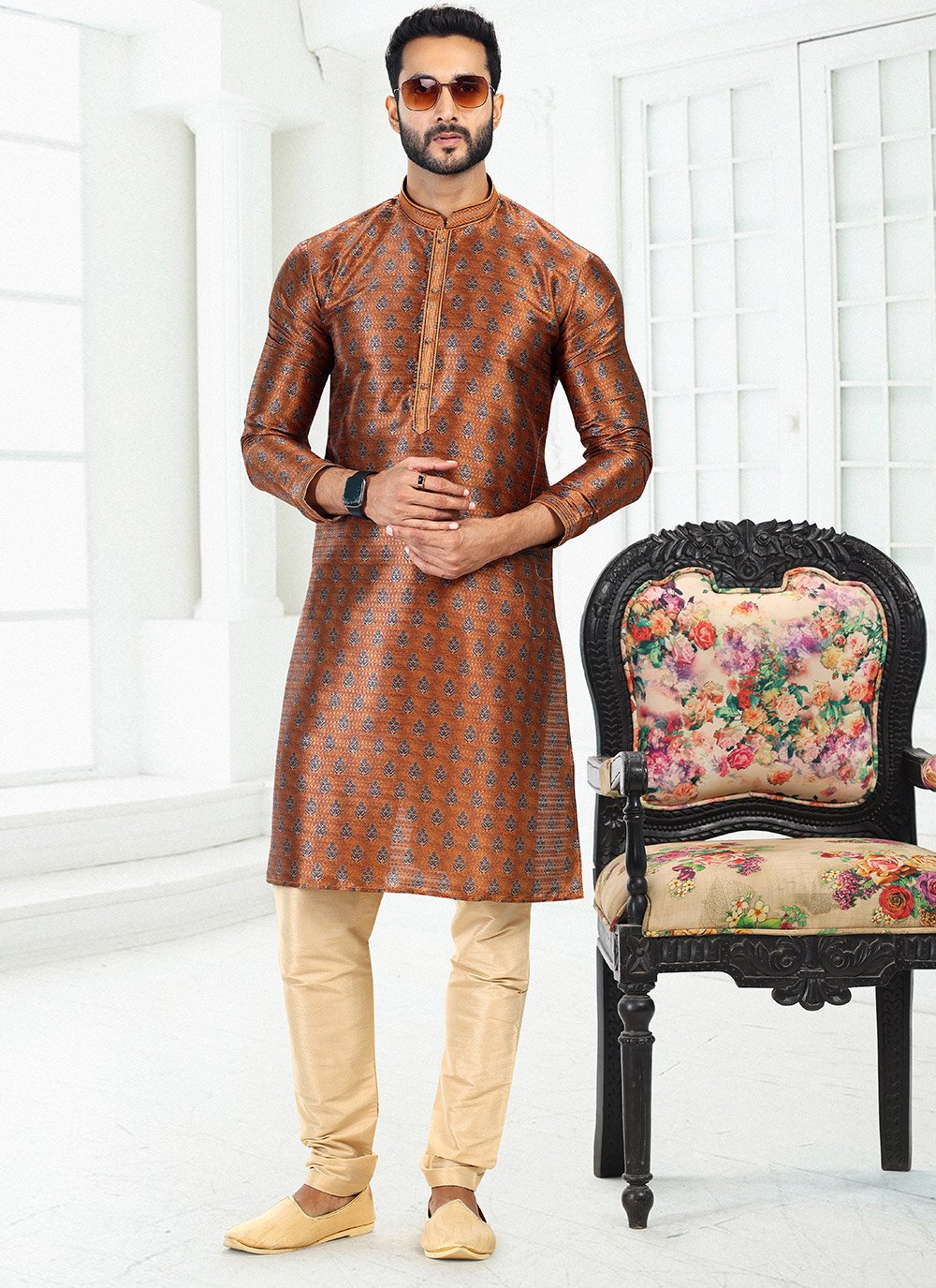 Kurta Pyjama Banarasi Silk Brown Digital Print Mens