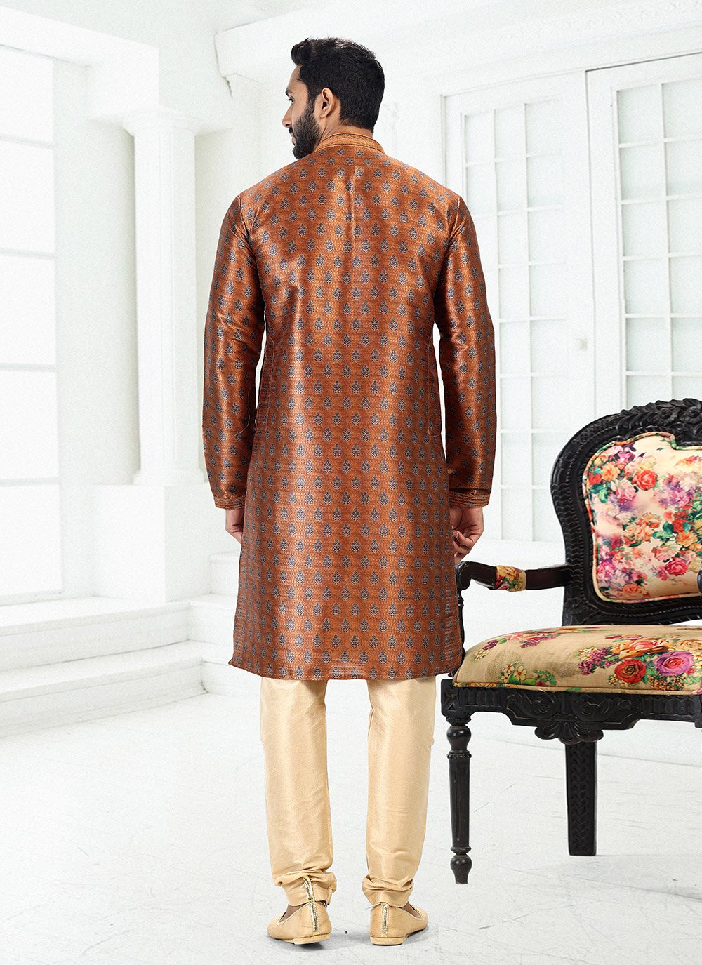 Kurta Pyjama Banarasi Silk Brown Digital Print Mens