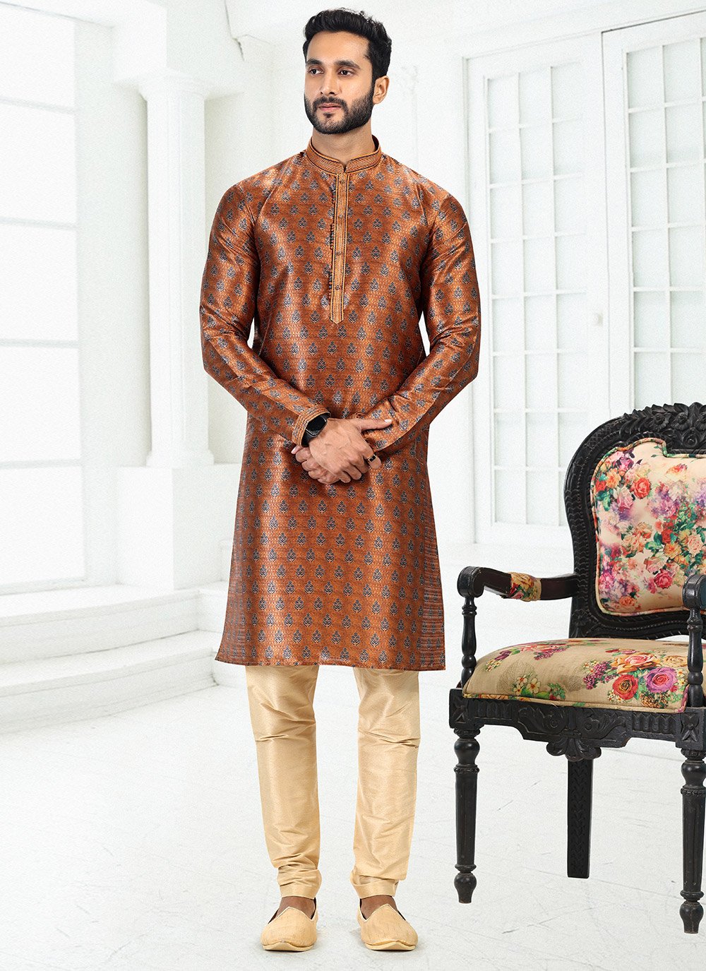 Kurta Pyjama Banarasi Silk Brown Digital Print Mens