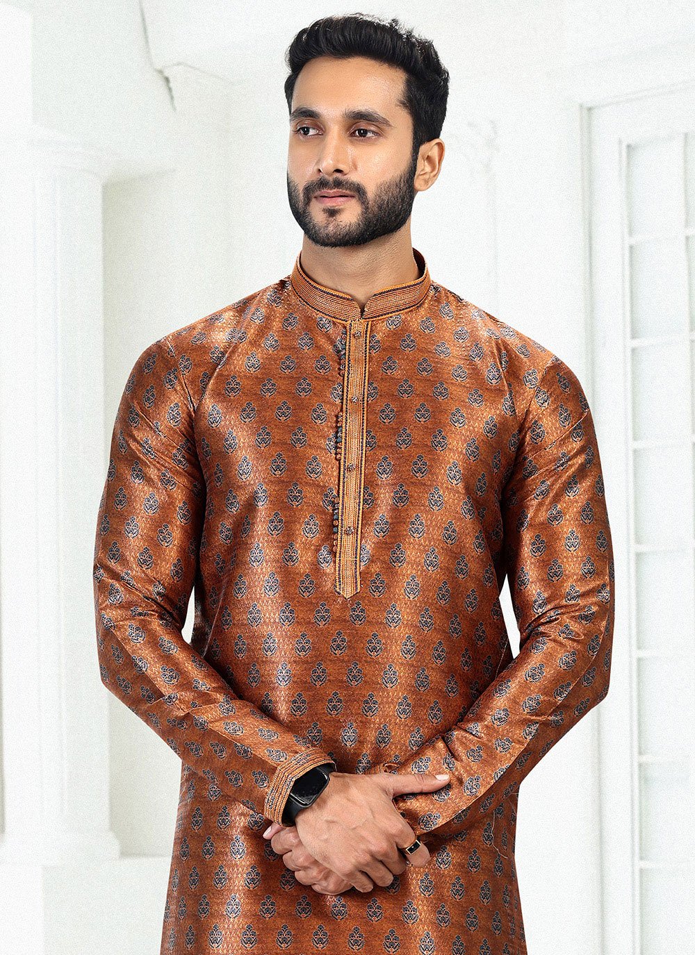 Kurta Pyjama Banarasi Silk Brown Digital Print Mens