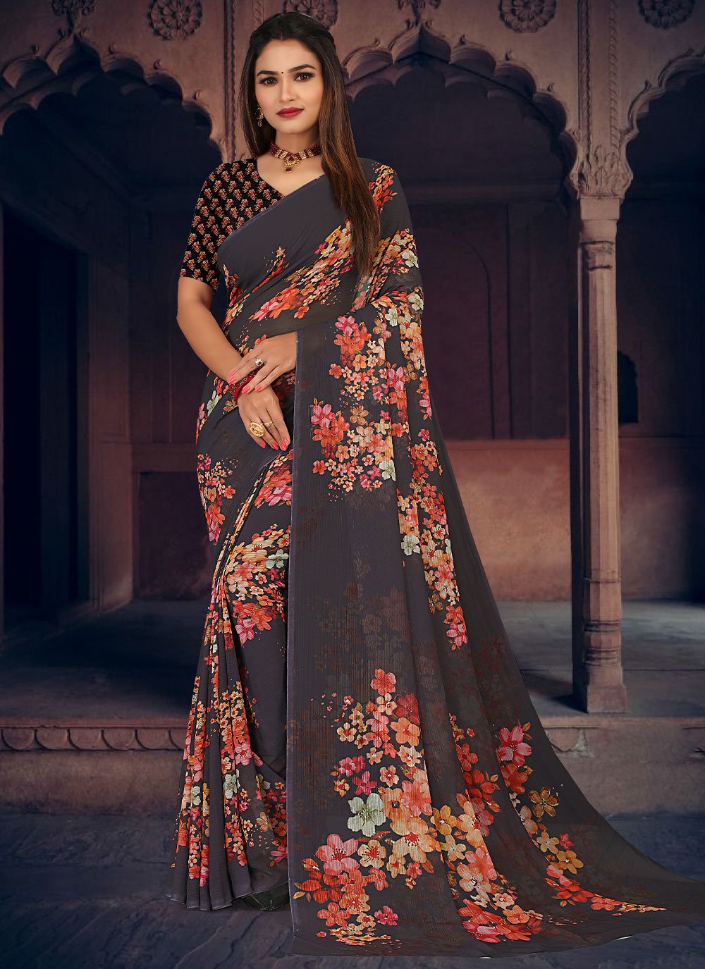 Contemporary Georgette Brown Digital Print Saree