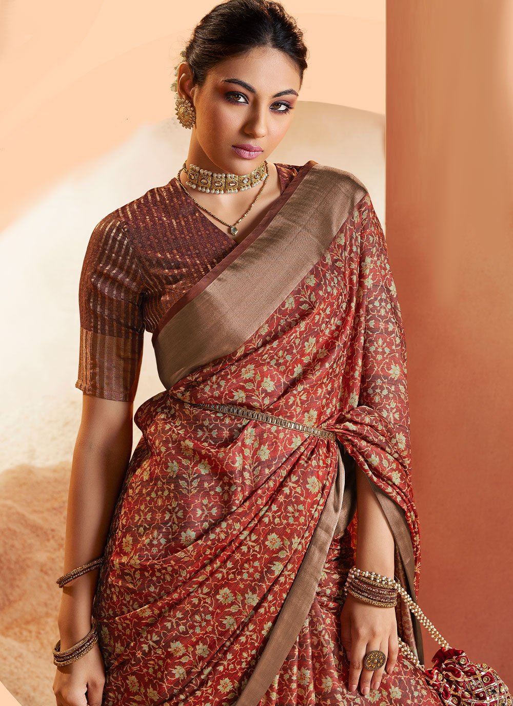 Designer Crepe Silk Brown Digital Print Saree