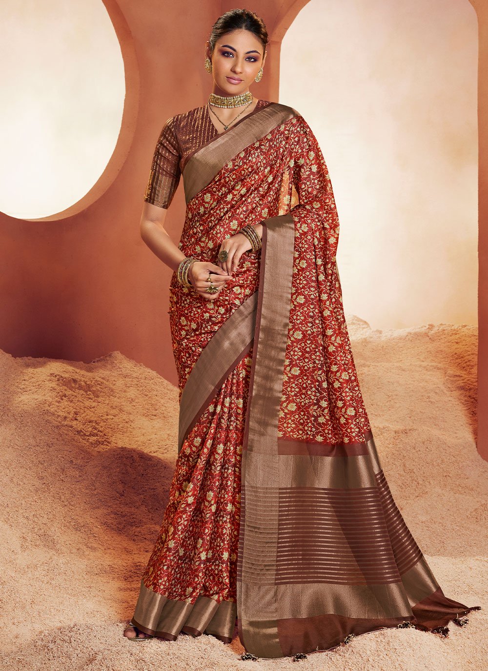 Designer Crepe Silk Brown Digital Print Saree