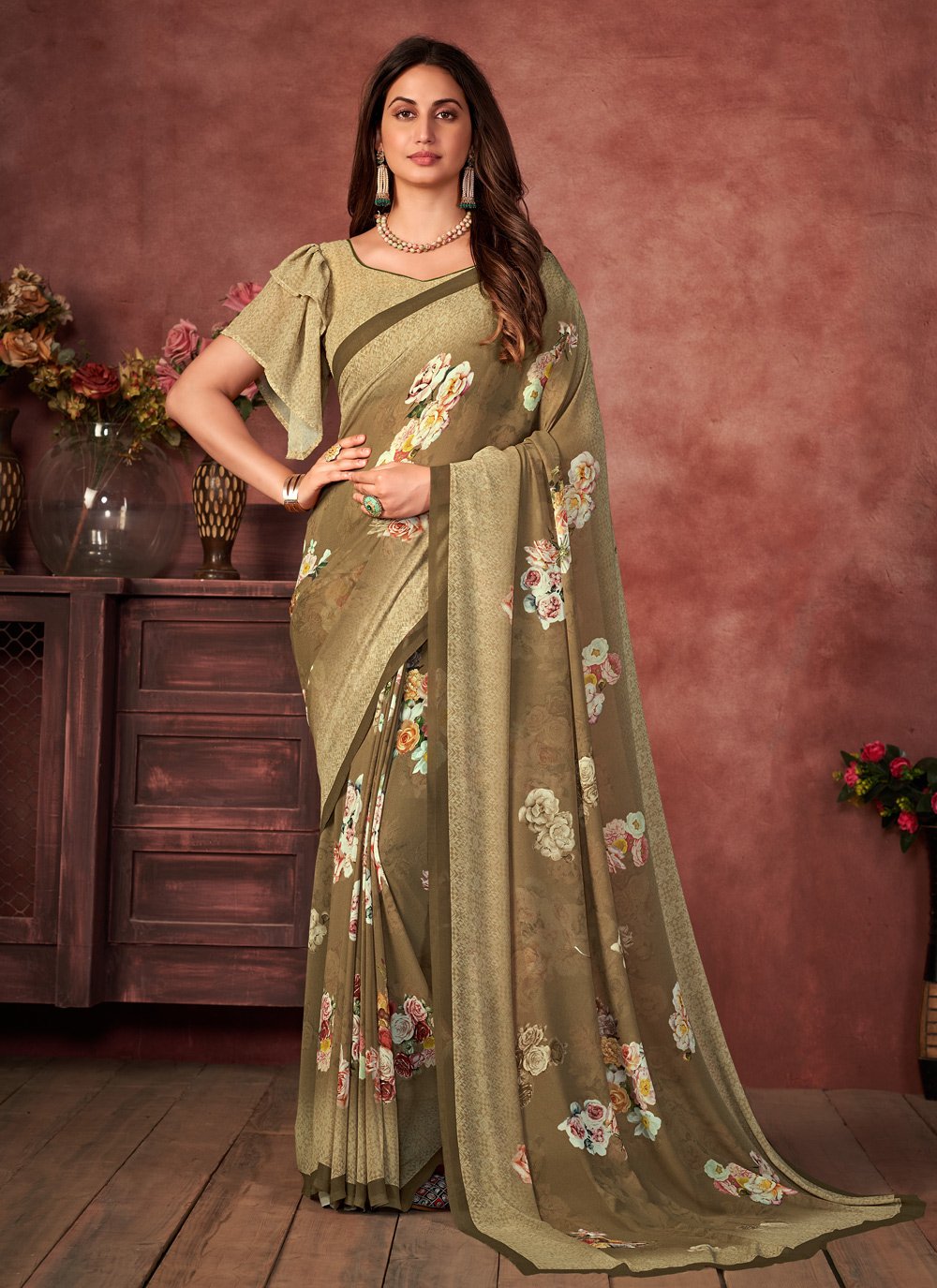 Designer Fancy Fabric Brown Digital Print Saree