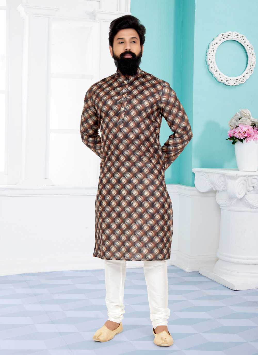 Kurta Pyjama Cotton Brown Digital Print Mens