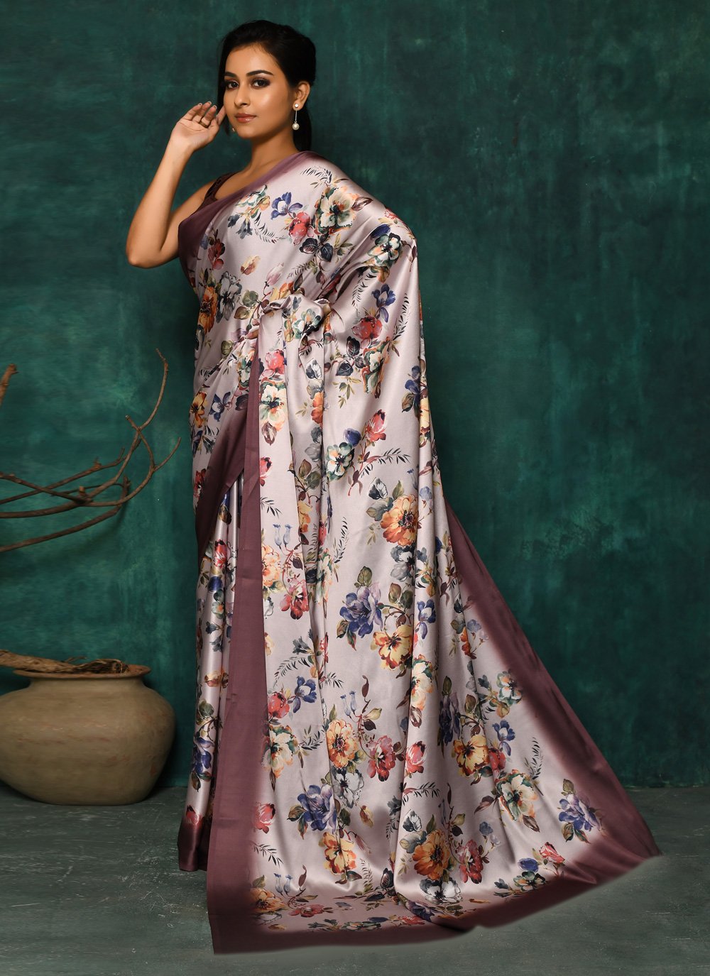 Designer Satin Brown Digital Print Saree