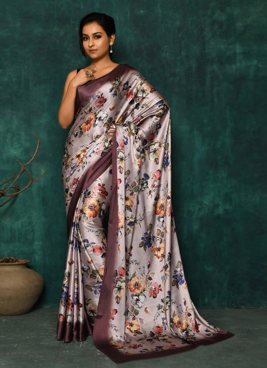 Designer Satin Brown Digital Print Saree