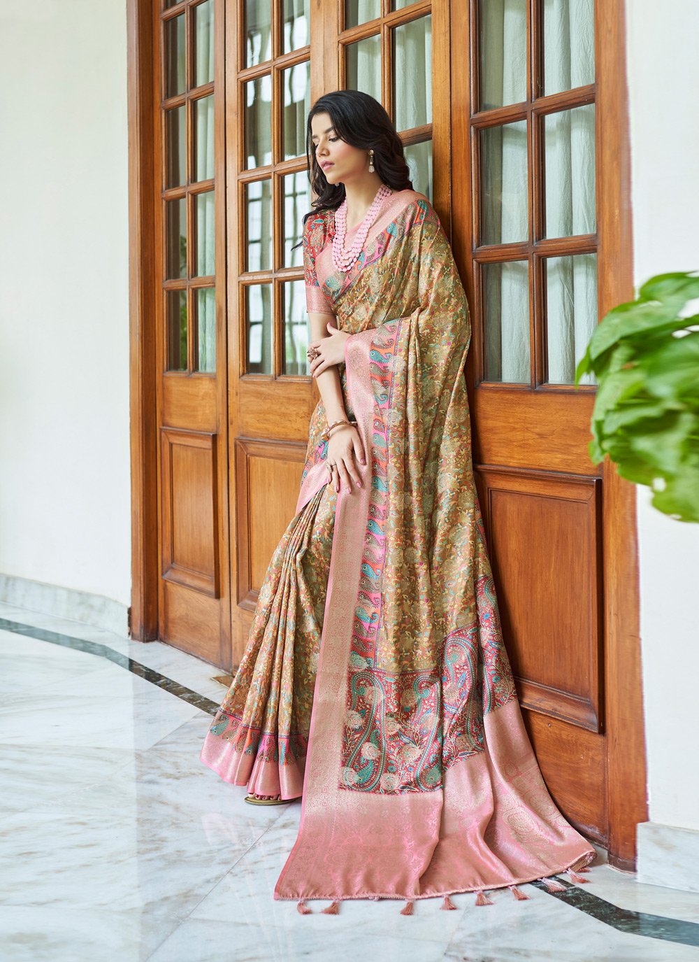 Trendy Saree Silk Brown Digital Print Saree