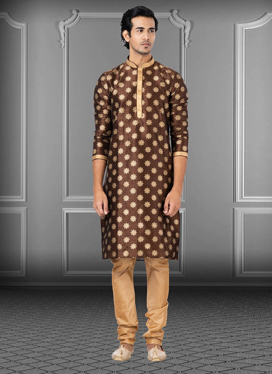 Kurta Pyjama Dupion Silk Brown Print Mens