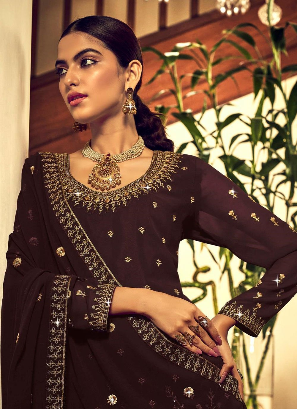 A Line Lehenga Georgette Brown Embroidered Lehenga Choli