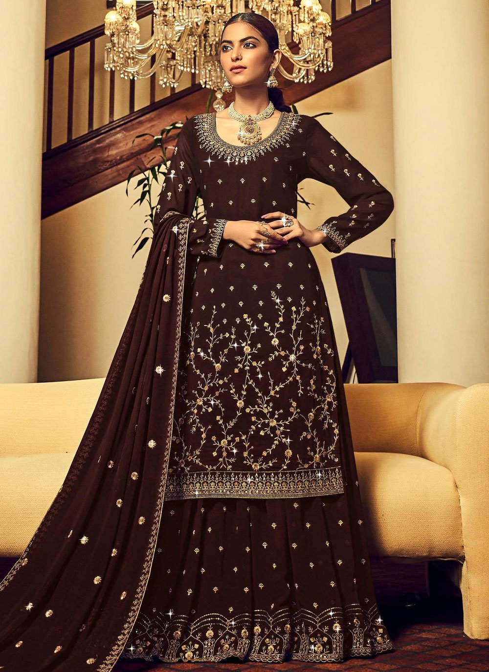 A Line Lehenga Georgette Brown Embroidered Lehenga Choli