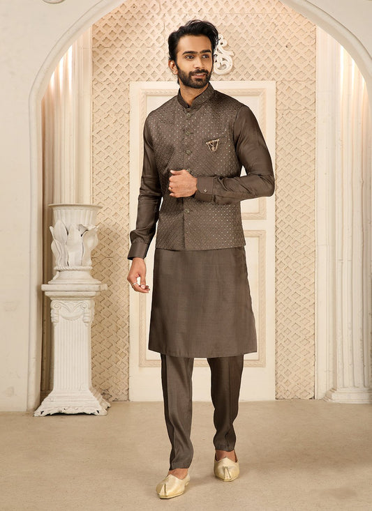 Kurta Payjama With Jacket Art Banarasi Silk Brown Embroidered Mens