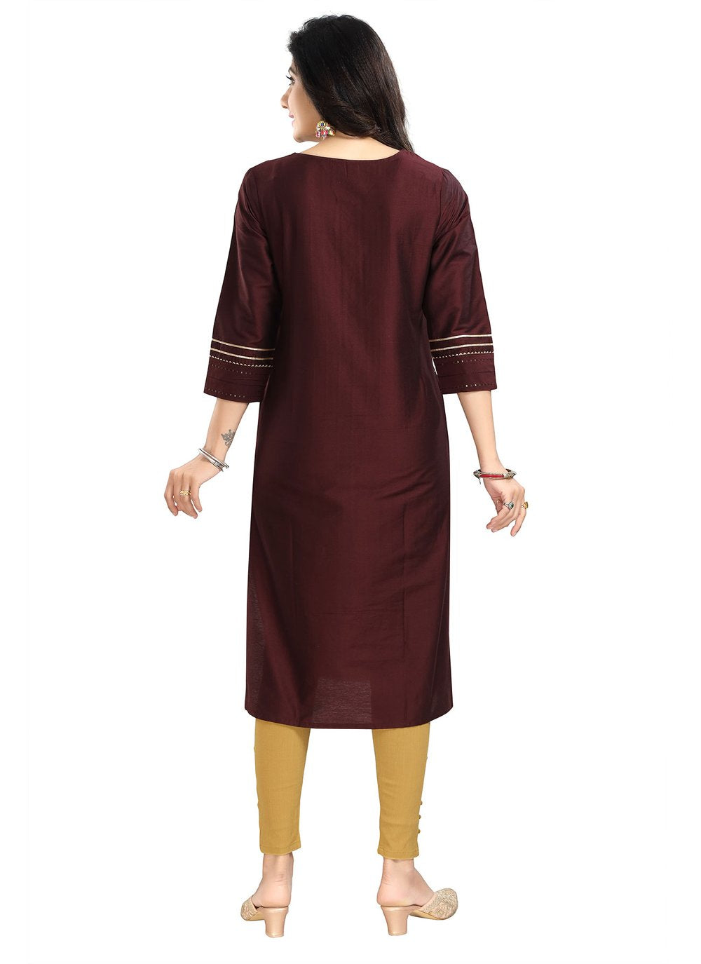 Casual Kurti Silk Blend Brown Embroidered Kurtis