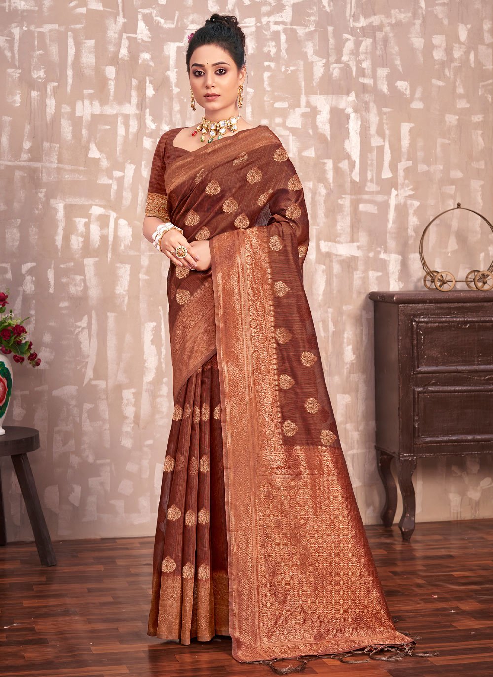 Traditional Saree Cotton Silk Brown Embroidered Saree