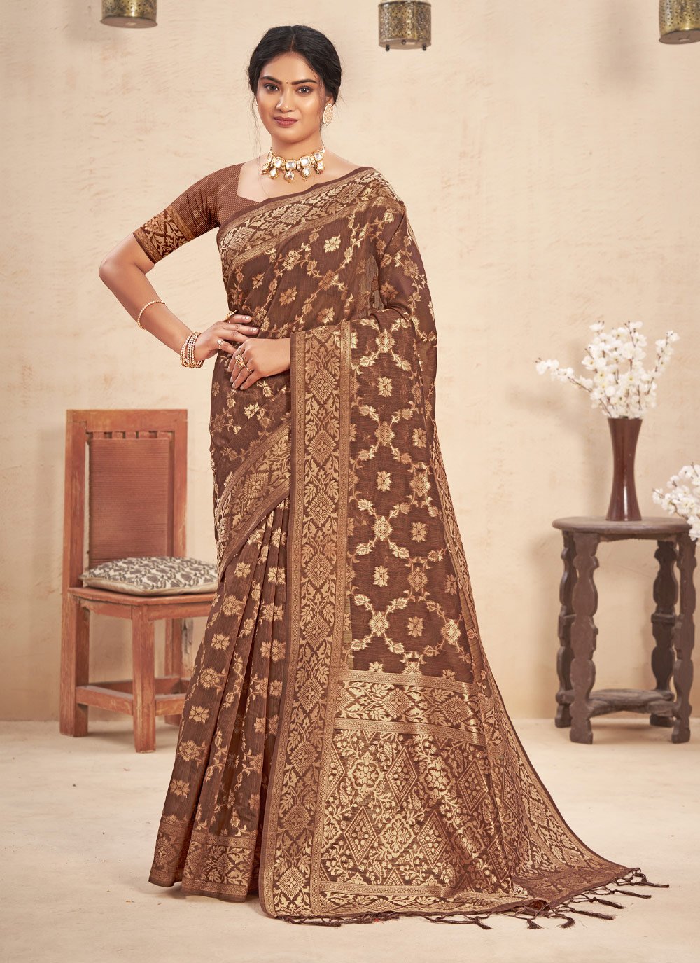 Trendy Saree Cotton Brown Embroidered Saree