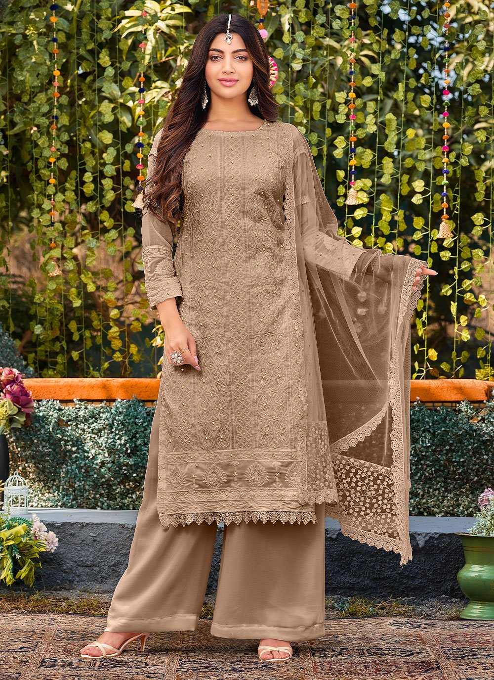 Salwar Suit Cotton Faux Georgette Brown Embroidered Salwar Kameez