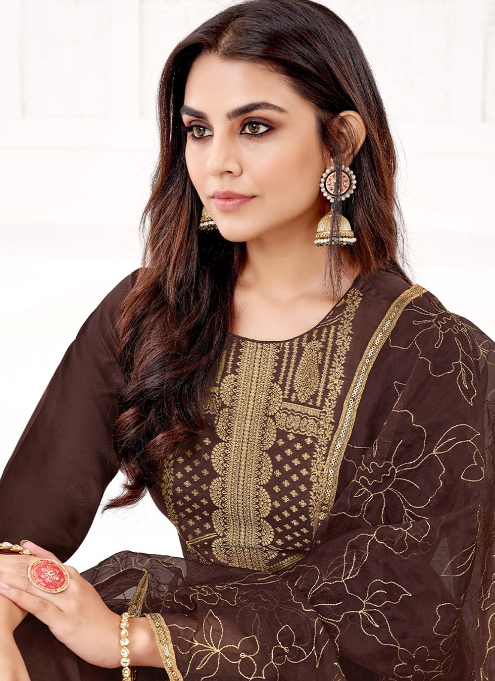 Salwar Suit Viscose Brown Embroidered Salwar Kameez