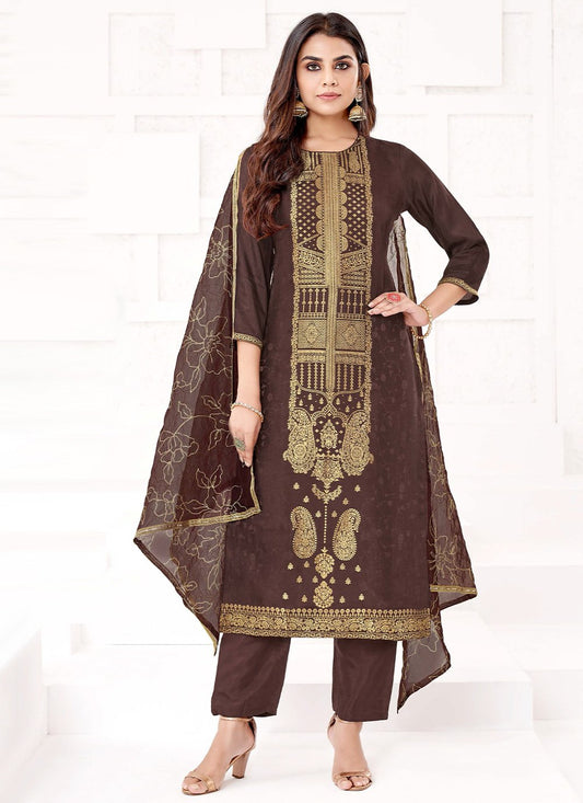Salwar Suit Viscose Brown Embroidered Salwar Kameez