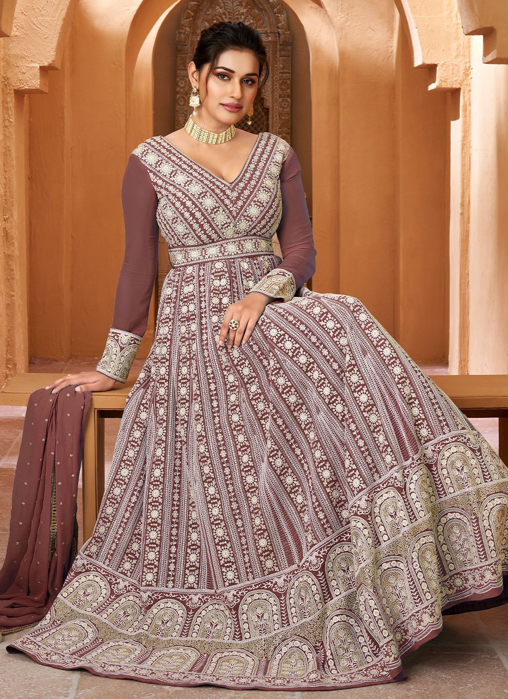 Gown Georgette Brown Embroidered Gown