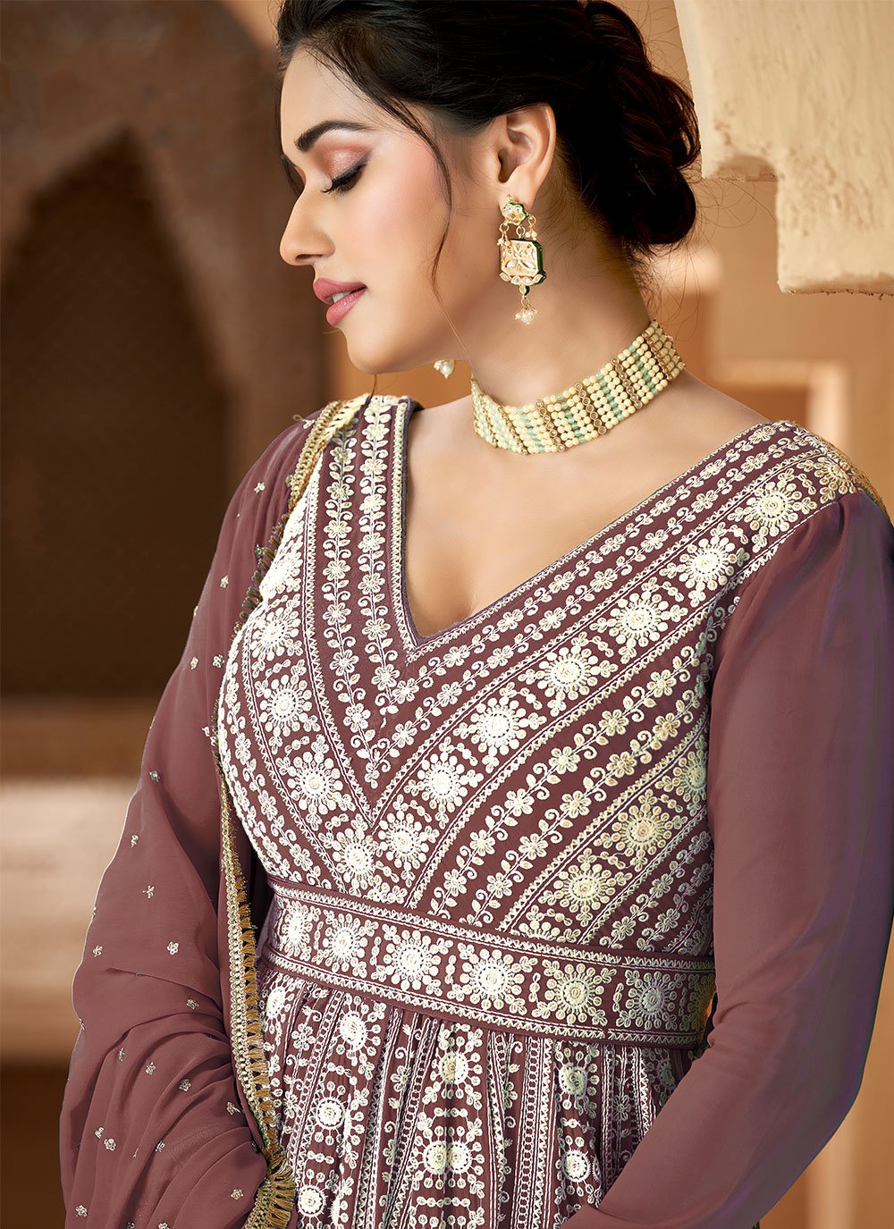 Gown Georgette Brown Embroidered Gown