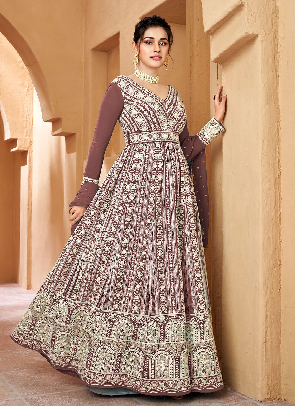 Gown Georgette Brown Embroidered Gown