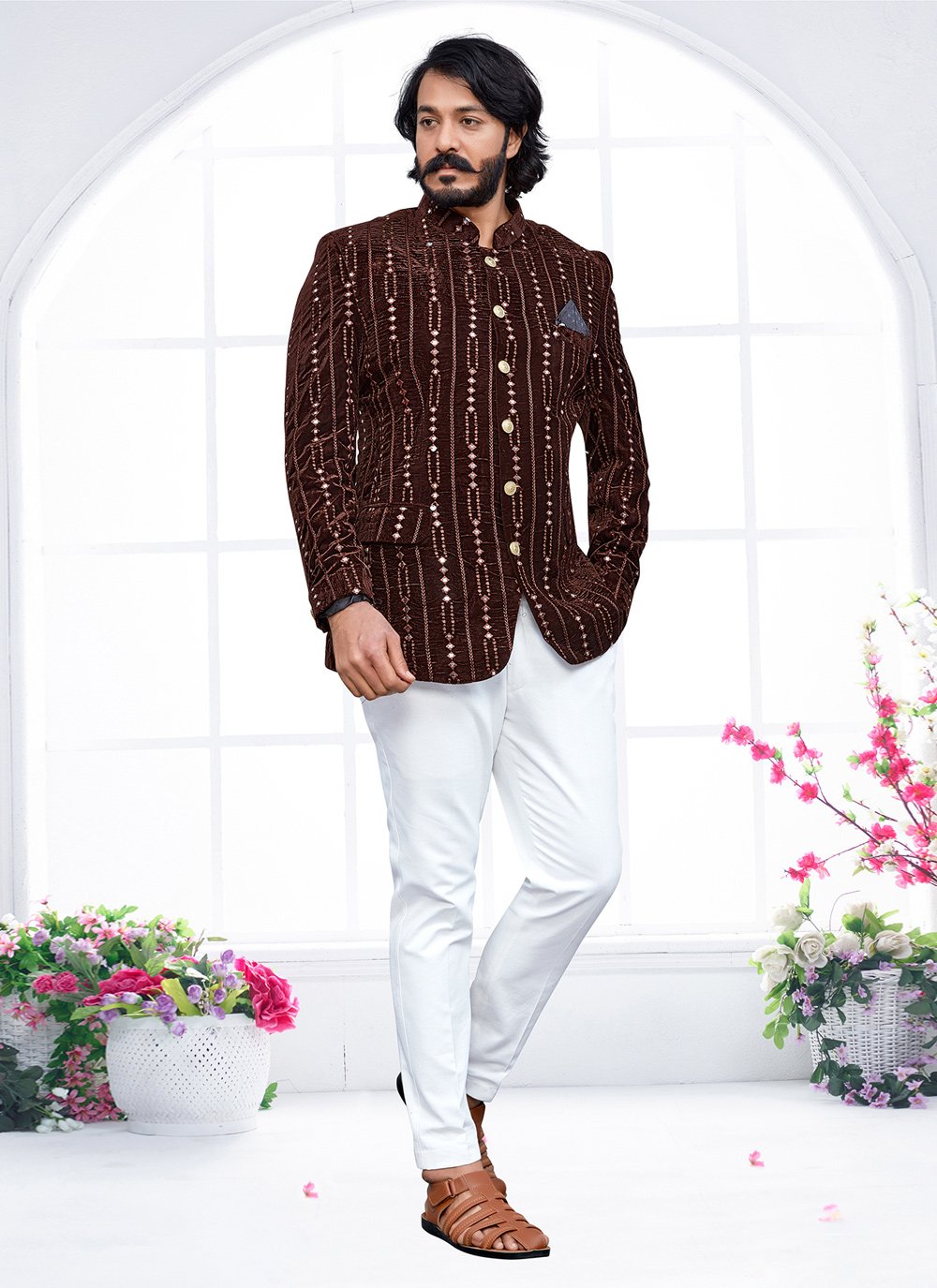 Jodhpuri Suit Velvet Brown Embroidered Mens