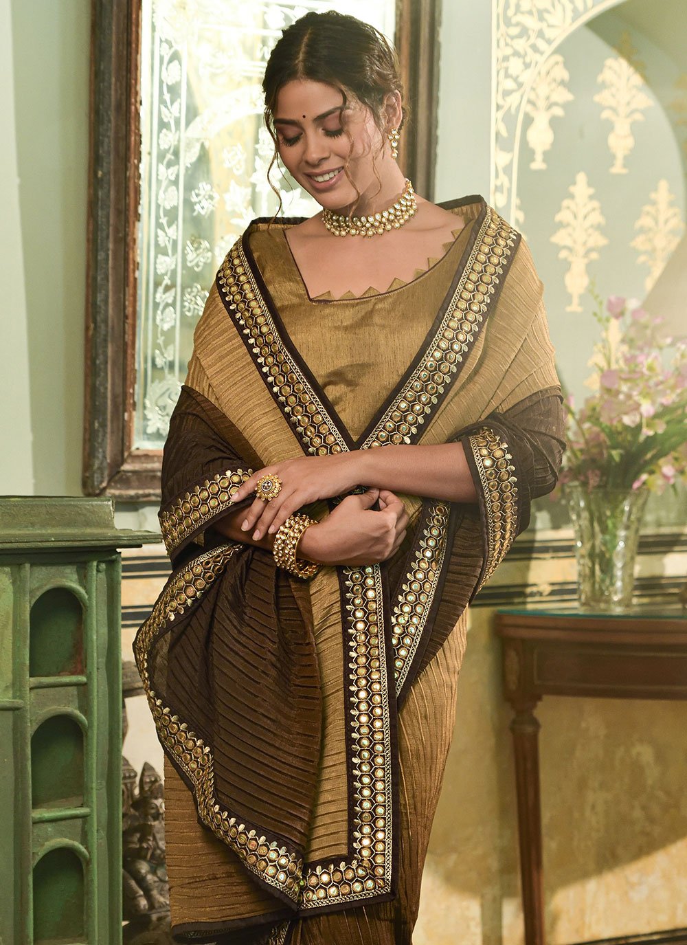 Classic Chinon Crush Brown Embroidered Saree