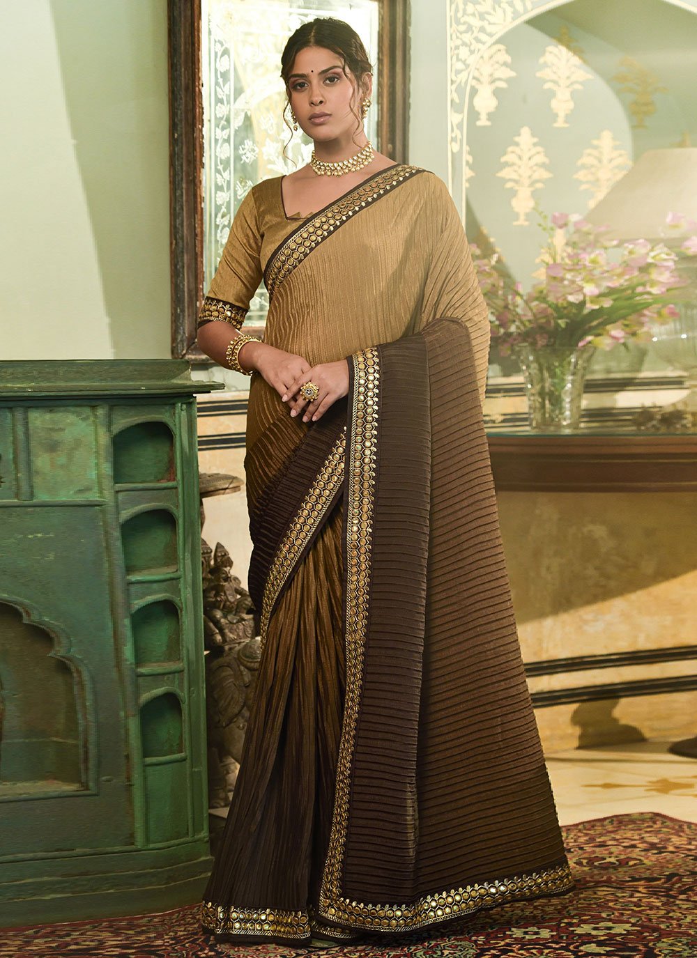 Classic Chinon Crush Brown Embroidered Saree