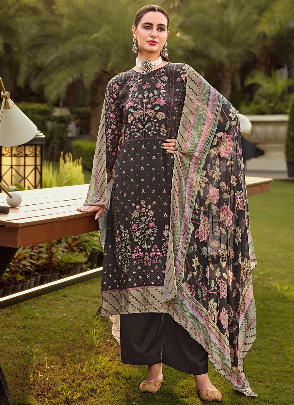 Salwar Suit Pure Crepe Brown Embroidered Salwar Kameez