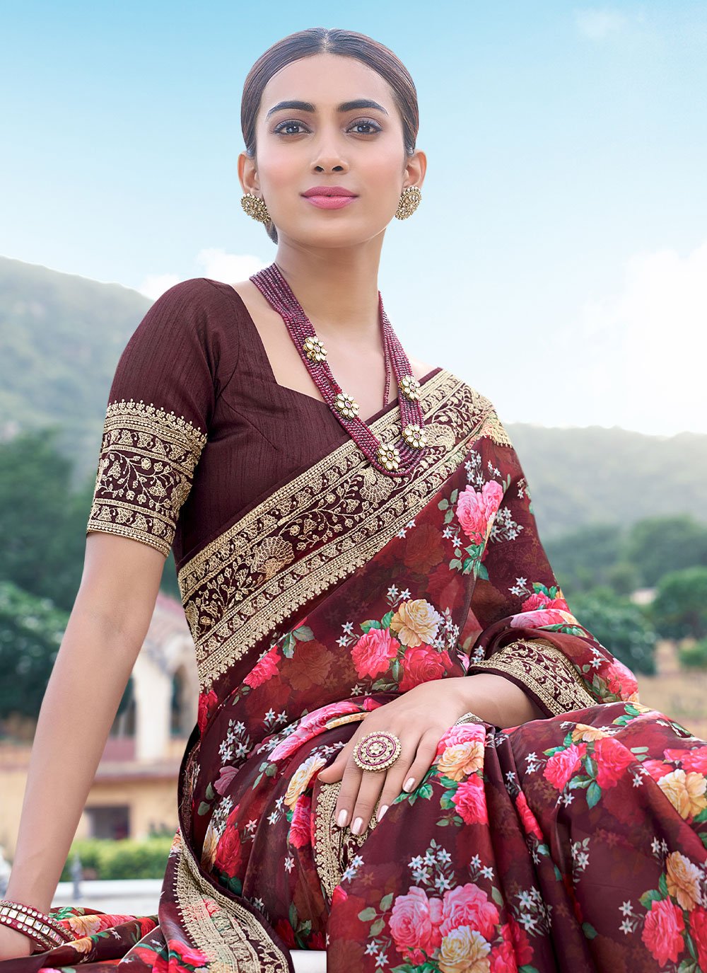 Contemporary Silk Brown Digital Print Saree