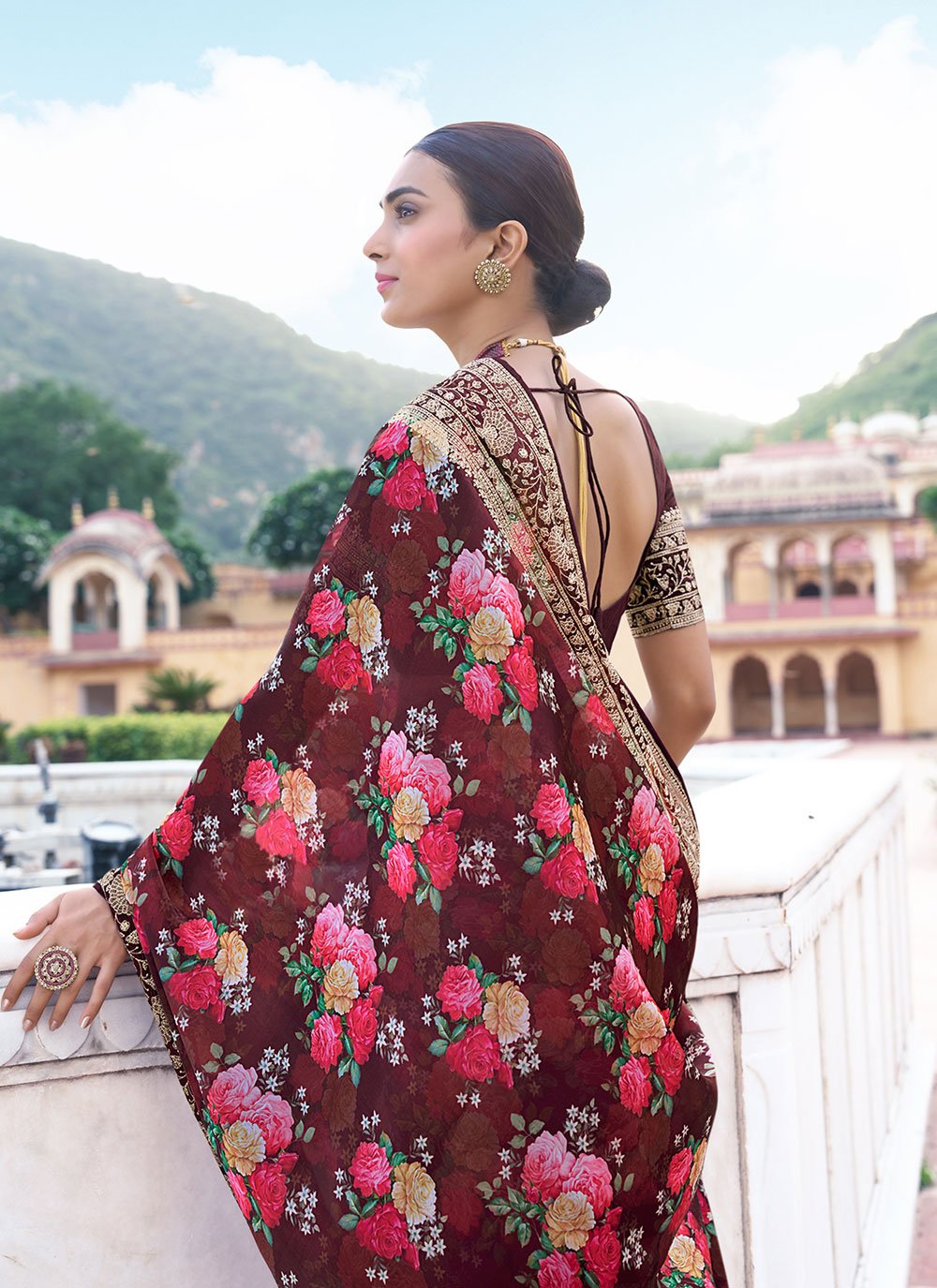 Contemporary Silk Brown Digital Print Saree