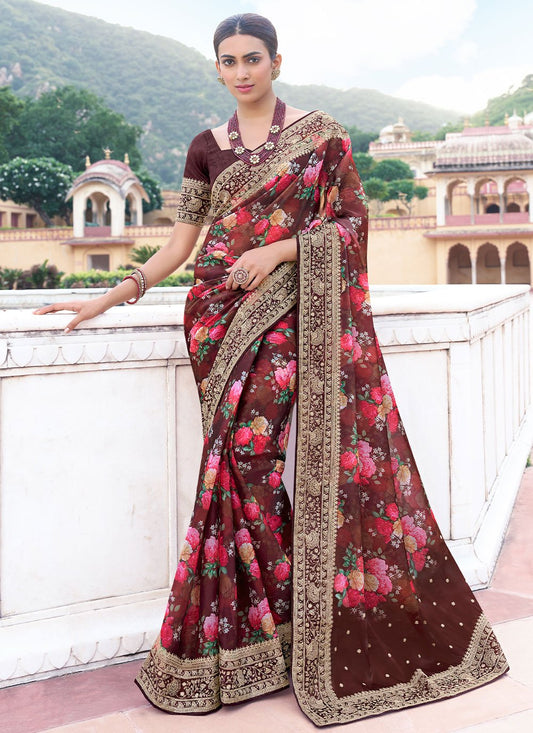 Contemporary Silk Brown Digital Print Saree