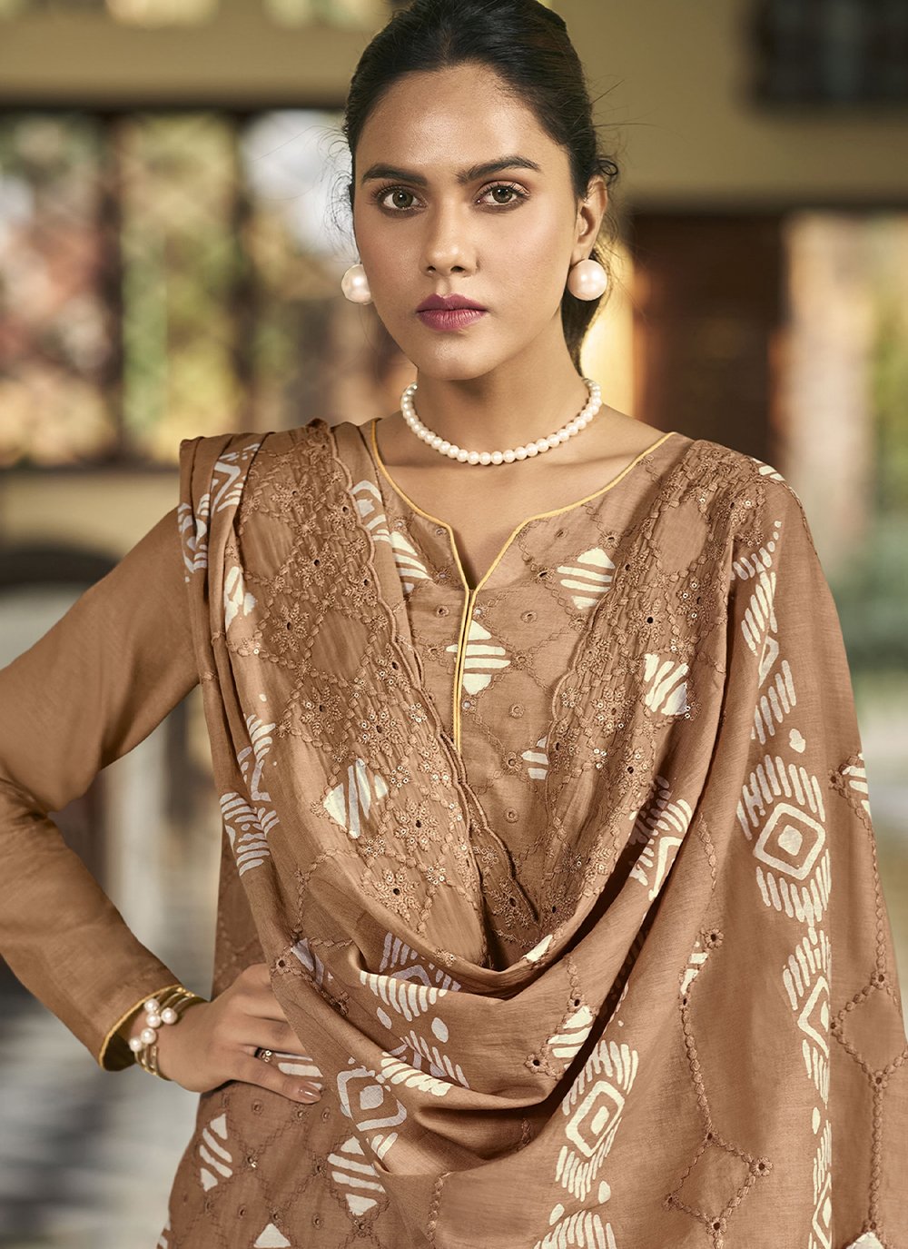 Salwar Suit Cotton Brown Embroidered Salwar Kameez
