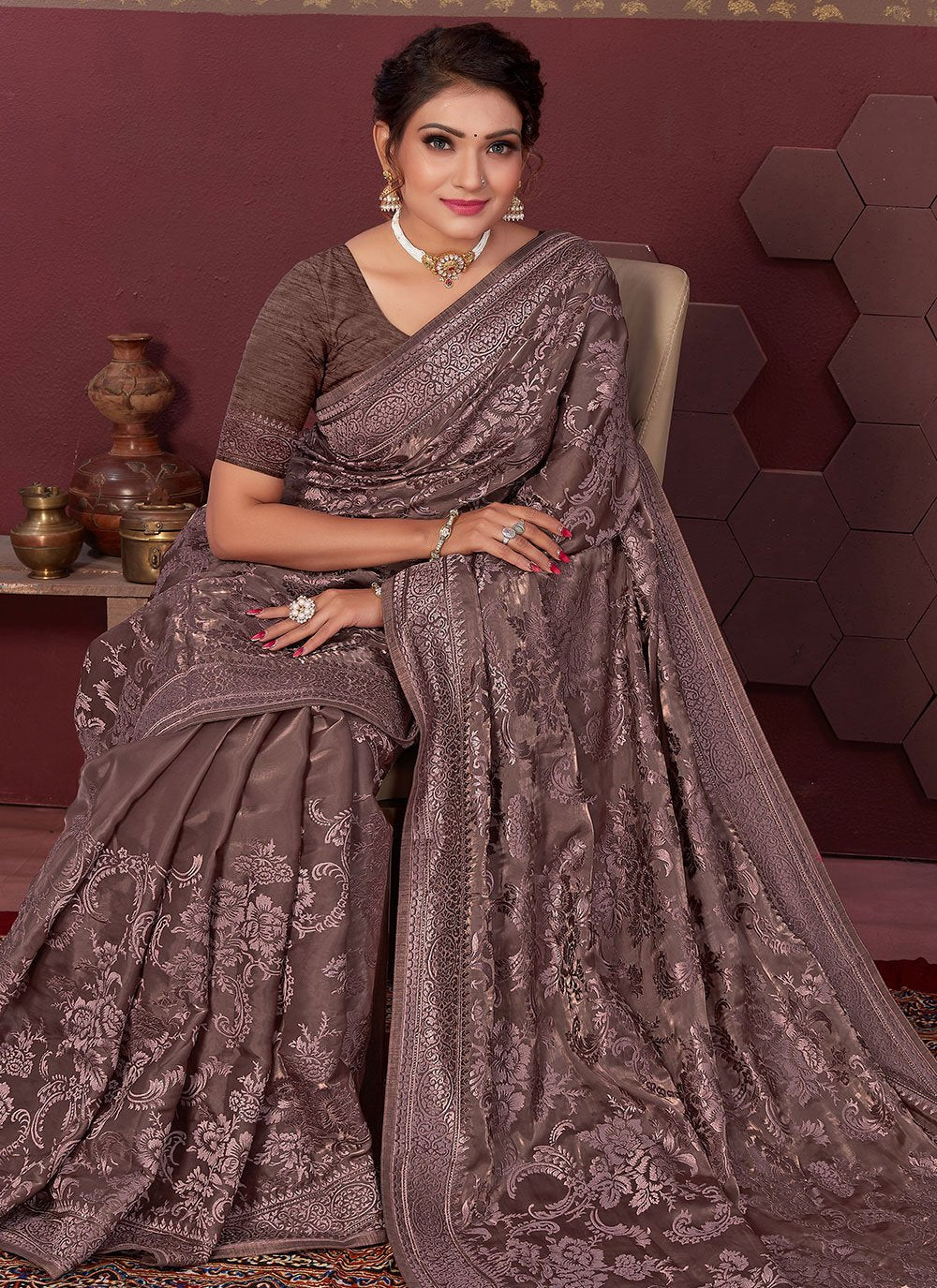 Trendy Saree Silk Blend Brown Embroidered Saree