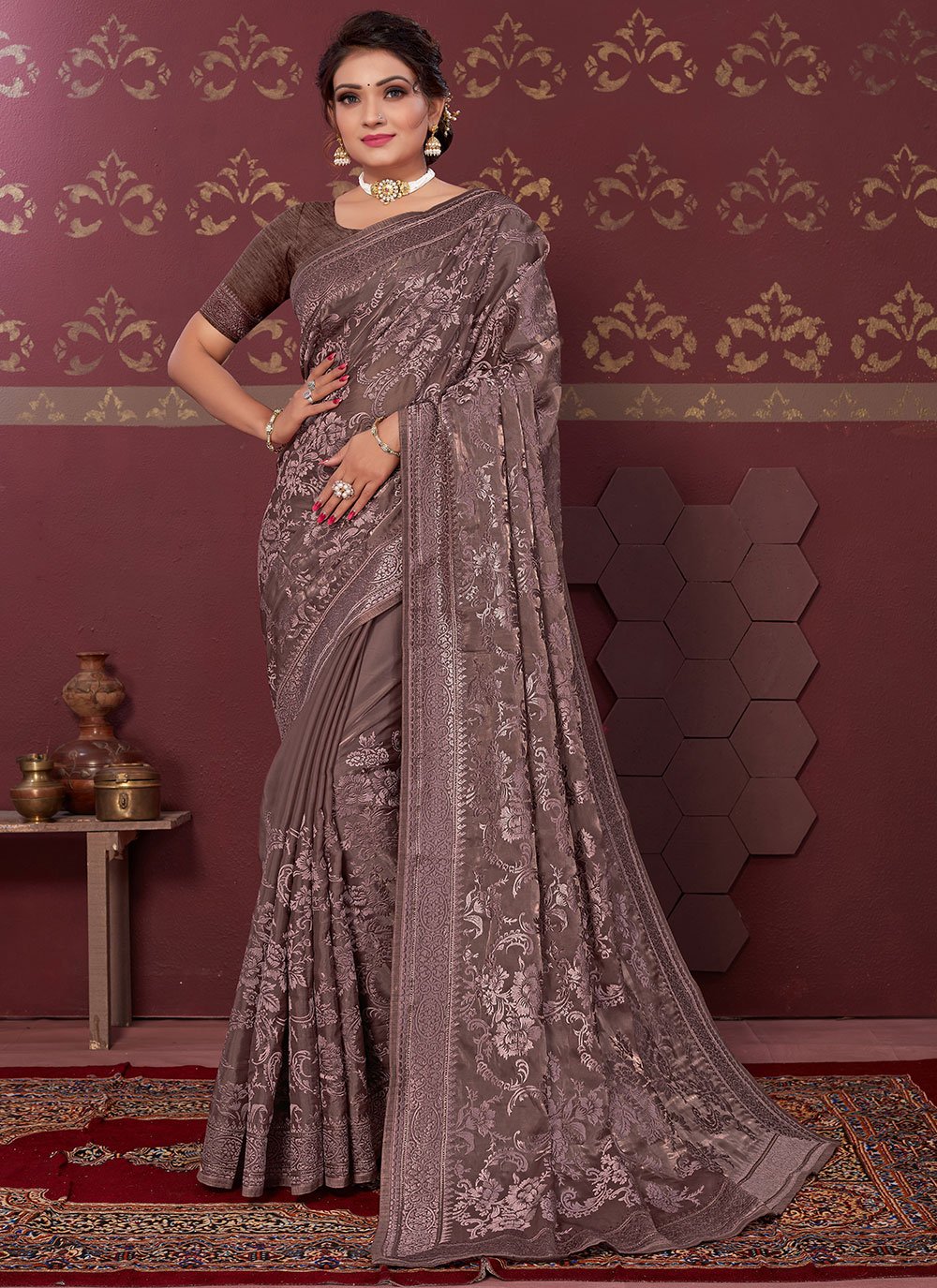 Trendy Saree Silk Blend Brown Embroidered Saree