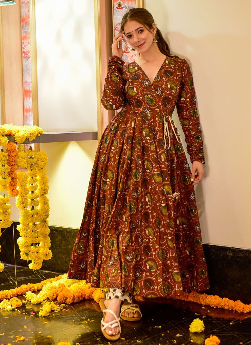 Designer Gown Cotton Silk Brown Digital Print Gown