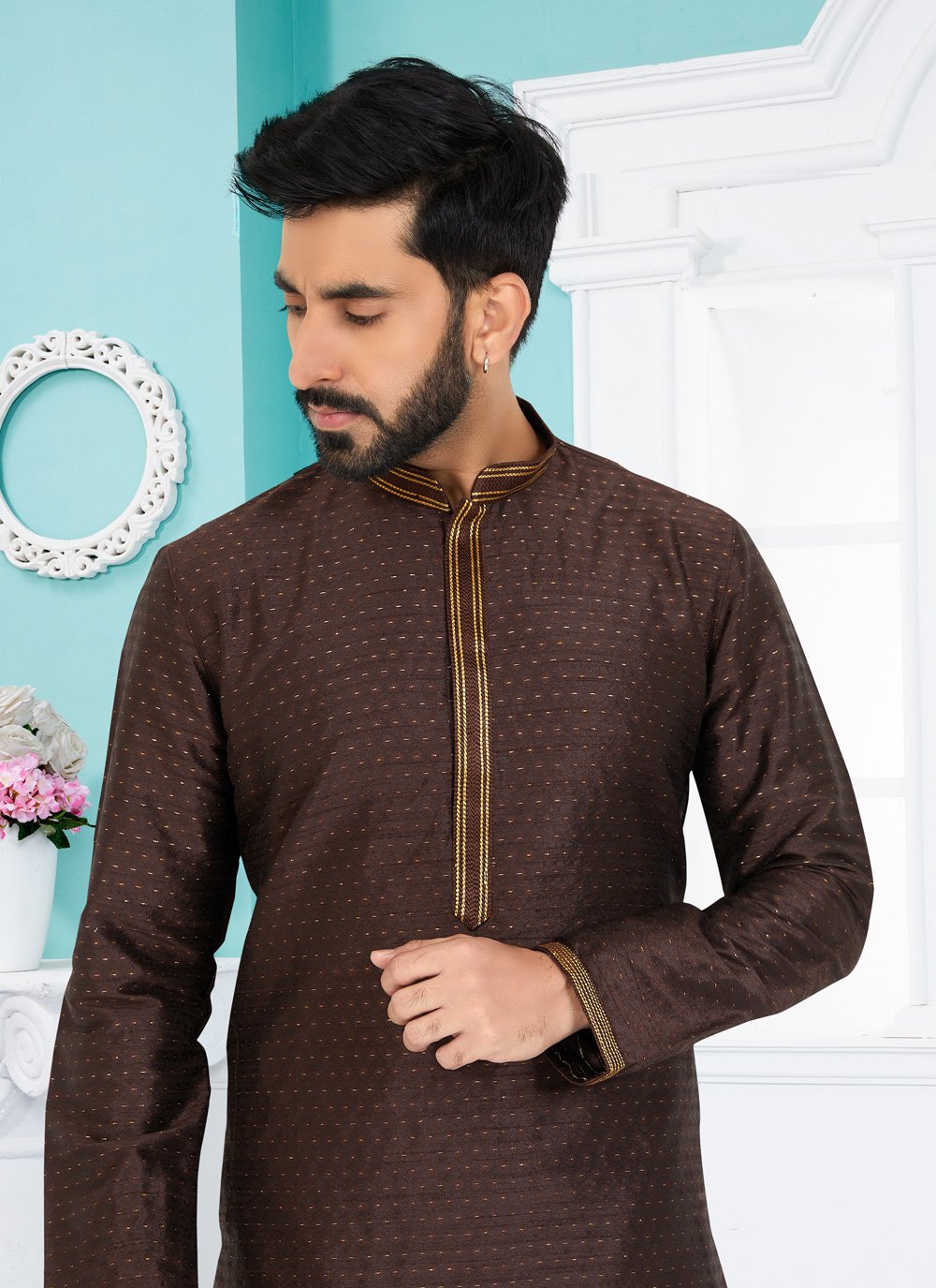 Kurta Pyjama Cotton Jacquard Brown Jacquard Work Mens