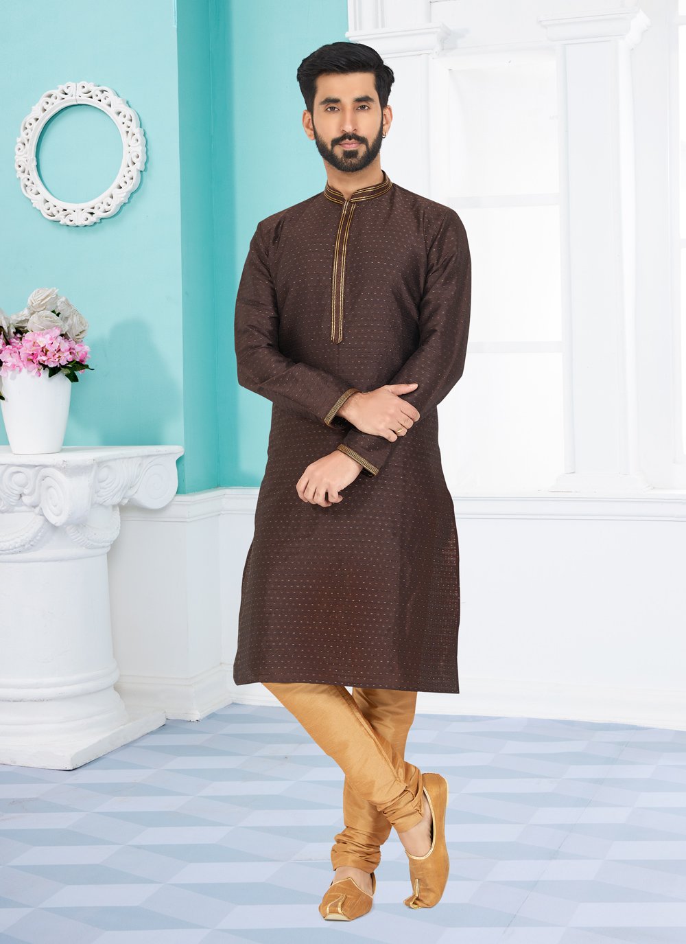 Kurta Pyjama Cotton Jacquard Brown Jacquard Work Mens