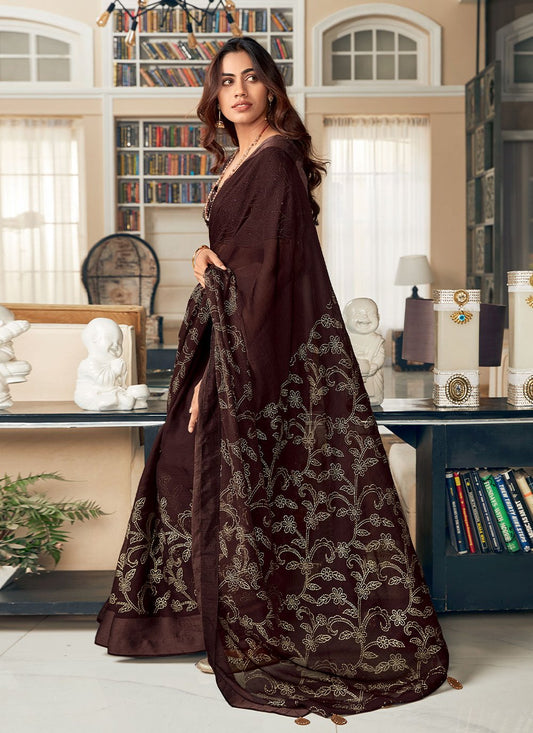 Designer Fancy Fabric Brown Foil Print Saree