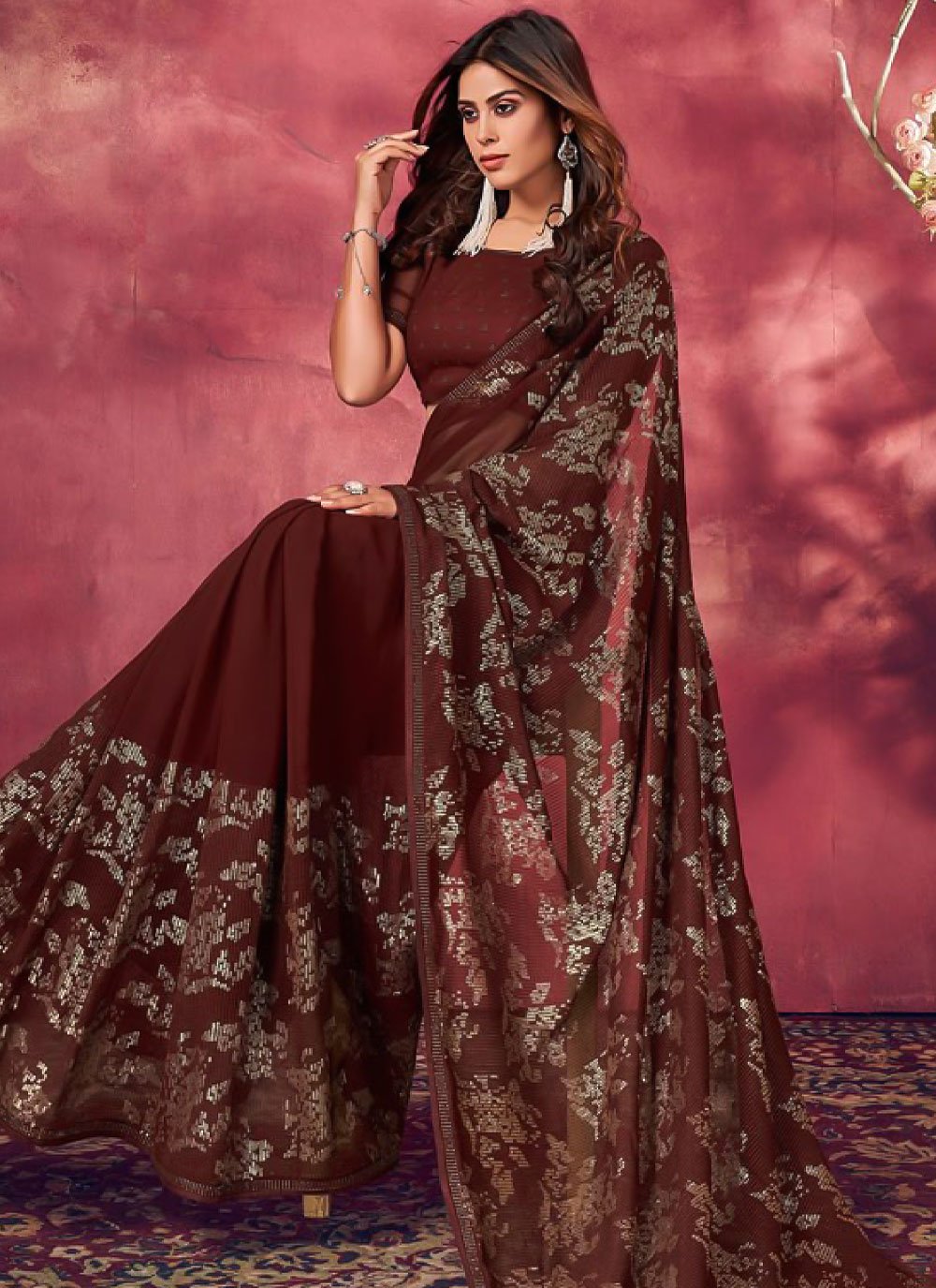 Contemporary Georgette Brown Fancy Work Saree