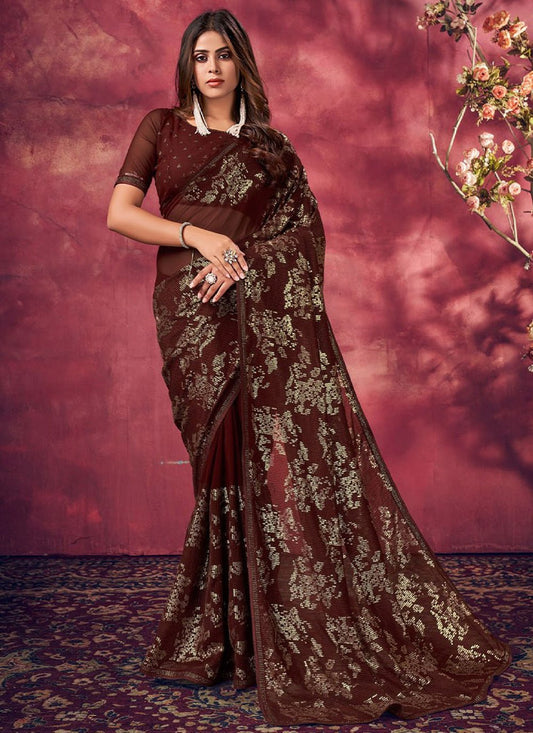 Contemporary Georgette Brown Fancy Work Saree