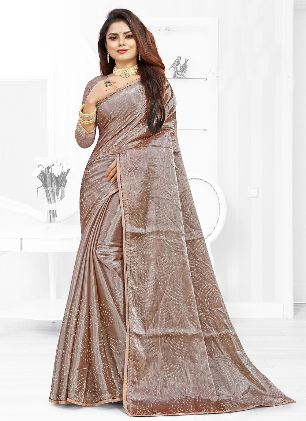 Traditional Saree Faux Chiffon Brown Embroidered Saree