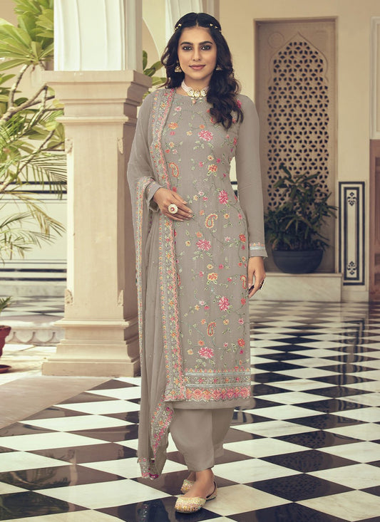 Salwar Suit Faux Georgette Brown Embroidered Salwar Kameez