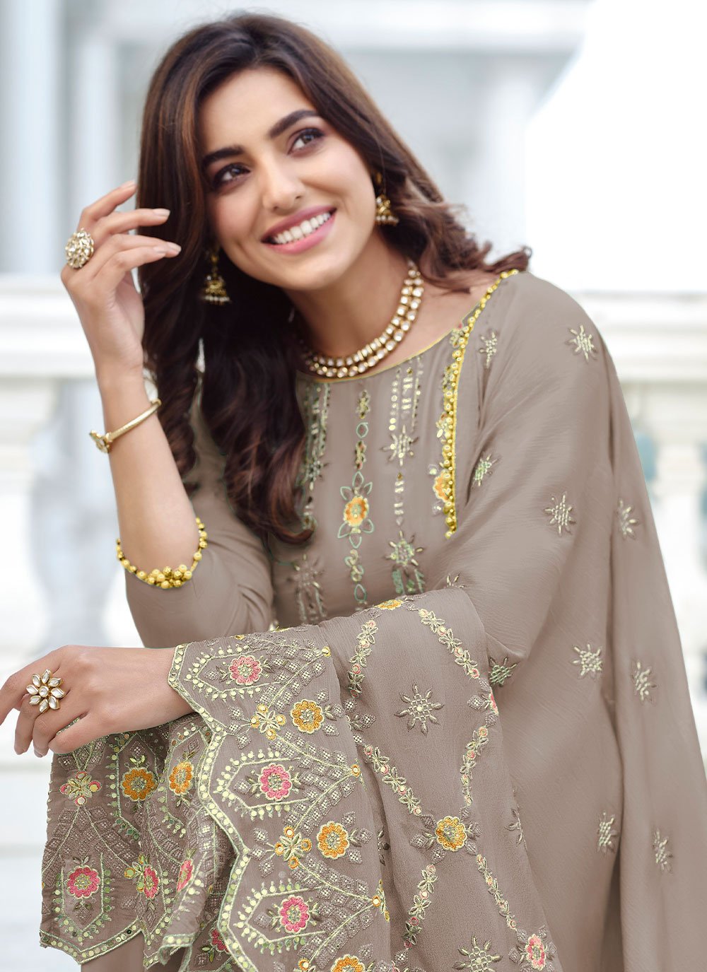 Palazzo Salwar Suit Faux Georgette Brown Embroidered Salwar Kameez