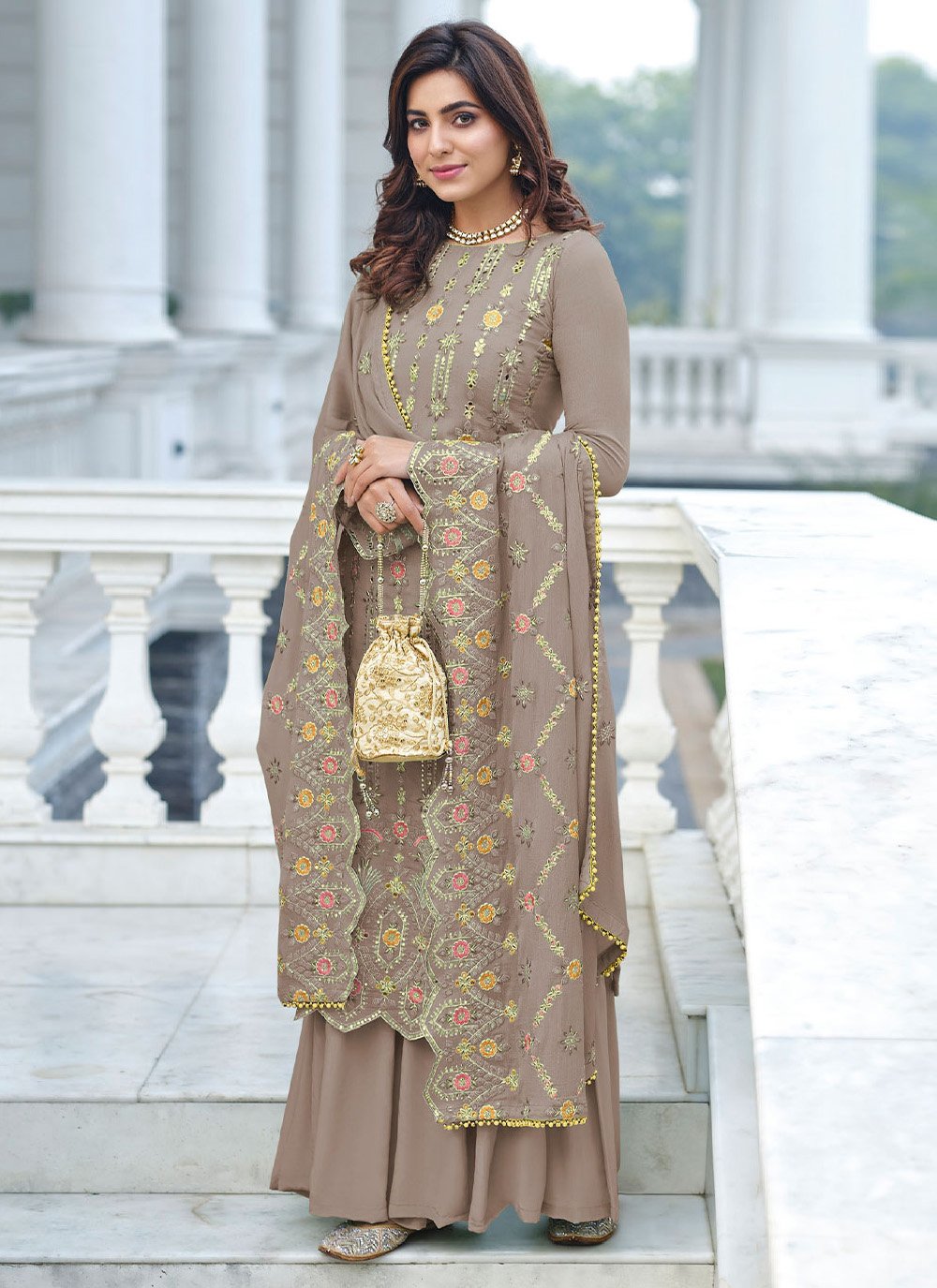 Palazzo Salwar Suit Faux Georgette Brown Embroidered Salwar Kameez